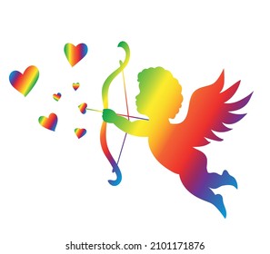 Cupid flying and holding arrow. Rainbow gradient. Design element on transparent background.