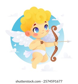 Cupid flying and holding a bow and arrow. Little angel with curly blonde hair and white wings. Clouds in heart shapes. Valentine's Day postcard. Love and romantic. Cartoon vector illustration