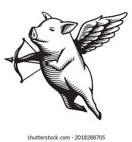 Cupid, A Flying Pig, Hand Drawn Illustration