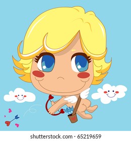 Cupid flying and shooting arrows of love with his bow in Valentine's day.