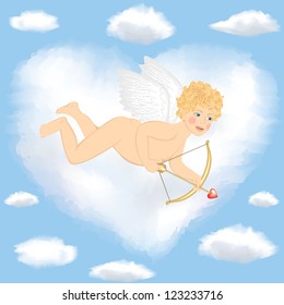 Cupid flying in sky with cloud shaped heart
