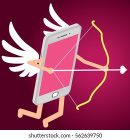 Cupid in the form of smartphones are aiming arrow of love is luminous. In the form of vector