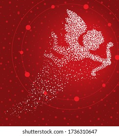 Cupid formed by a magical trail of flying points on red background