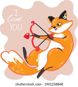 Cupid fox holding a bow with an arrow in the shape of a heart. Cupid, angel of love