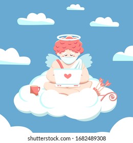 A cupid freelancer in a medical mask sits on a cloud in quarantine paradise and works on a laptop, orders goods, and works remotely. Arrows and bow deferred. Stay home. Online dating site.