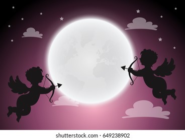 cupid with full moon on sky,happy love,greeting card wedding.vector
