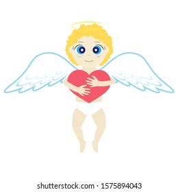 Cupid funny holds the heart isolated on white background. Valentine's Day.  Hands and feet can be animated. Vector stock illustration.
