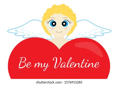 Cupid funny holds the heart with text Be my Valentine, isolated on white background. Valentine's Day. Vector stock illustration.