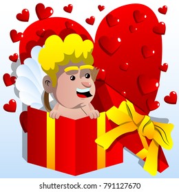 Cupid in a gift box. Vector cartoon character illustration.
