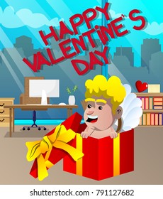 Cupid in a gift box. Vector cartoon character illustration.