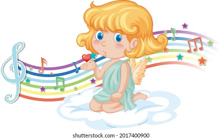 Cupid girl character on the cloud with melody symbols on rainbow  illustration