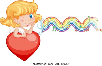 Cupid girl holding heart with melody symbols on rainbow wave illustration