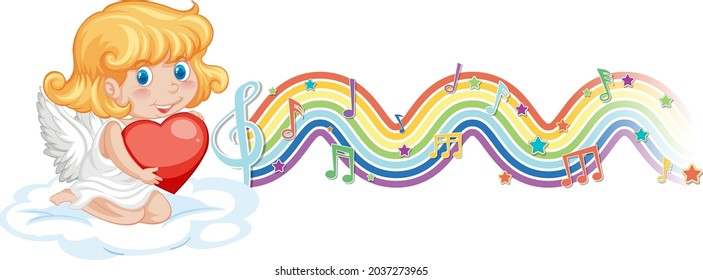 Cupid girl holding heart with melody symbols on rainbow  illustration