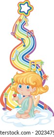 Cupid girl with melody symbols on rainbow wave illustration