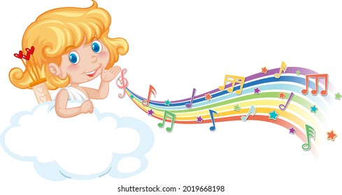 Cupid girl on the cloud with melody symbols on rainbow  illustration