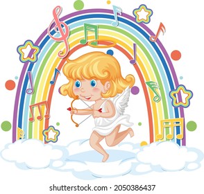 Cupid girl on the cloud with melody symbols on rainbow illustration