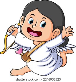 The cupid girl is running and holding the love bow of illustration