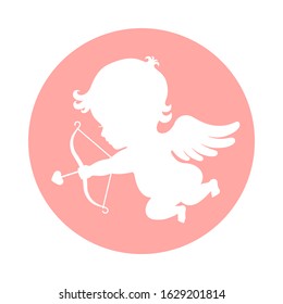 Cupid graphic icon. Cupid with bow and arrow sign in the circle  isolated on white background. Love symbol. Vector illustration