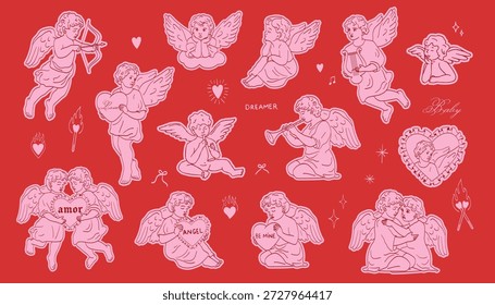 Conjunto de ilustração de pincel de linha desenhada à mão do cupido. Dia dos Namorados querubim doodle coquette cupid.