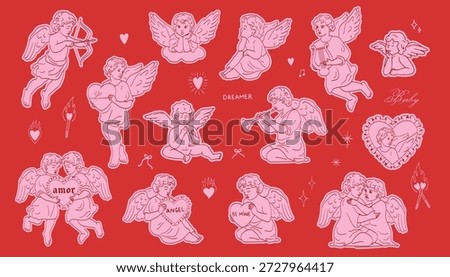 Cupid hand drawn line brush illustration set. Valentines day cherub doodle coquette cupid.