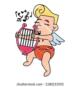 Cupid with harp cartoon scribble