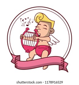 Cupid with harp on round emblem