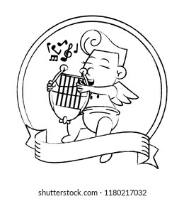 Cupid with harp on round emblem sketch