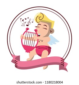 Cupid with harp on round emblem