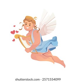 Cupid with harp playing music. Vector Valentines day greeting card with angelic baby with wings singing song. Symbol of romance or loving tattoo. Cherub for romantic holiday or festive gift.