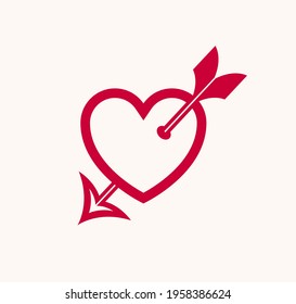 Cupid heart with arrow from bow vector icon or logo, romantic heart fallen in love concept, Valentine theme, lovestruck theme.