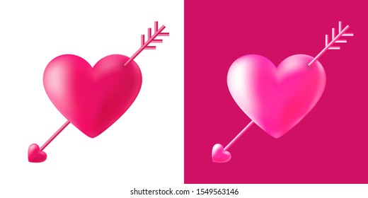 Cupid heart with cupid arrow set. Symbol of love. Valentines Day. Wedding invitation card. 3d Heart with arrow icon isolated on white Background. Valentine's Day design element. Vector.