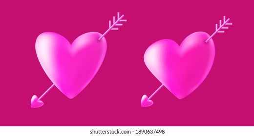 Cupid heart with cupid arrow set. Symbol of love. Valentines day card. Wedding invitation card. 3d heart with arrow icon on pink and white background. Valentine banner.  Vector.