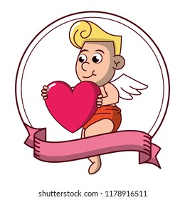 Cupid with heart on round emblem