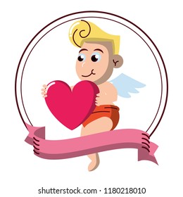 Cupid with heart on round emblem