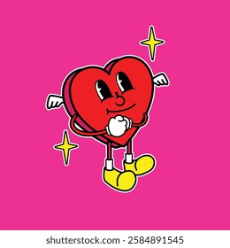 Cupid Heart retro Illustration of heart valentine days icon shining holding daisy flower, elegance, and romantic