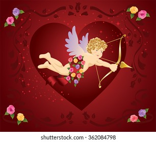 Cupid and heart with roses