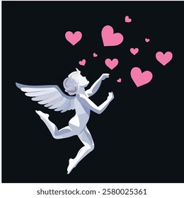 Cupid with heart and tulip flower. Valentine's day vector illustration. Vector illustration of a cupid with wings on a heart background.love card design Angel concept with icon design