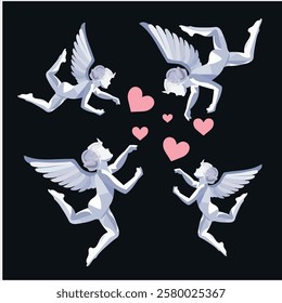 Cupid with heart and tulip flower. Valentine's day vector illustration. Vector illustration of a cupid with wings on a heart background.love card design Angel concept with icon design