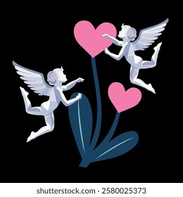 Cupid with heart and tulip flower. Valentine's day vector illustration. Vector illustration of a cupid with wings on a heart background.love card design Angel concept with icon design