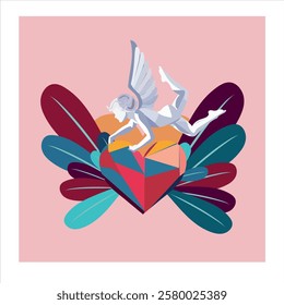 Cupid with heart and tulip flower. Valentine's day vector illustration. Vector illustration of a cupid with wings on a heart background.love card design Angel concept with icon design