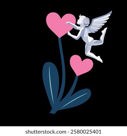 Cupid with heart and tulip flower. Valentine's day vector illustration. Vector illustration of a cupid with wings on a heart background.love card design Angel concept with icon design