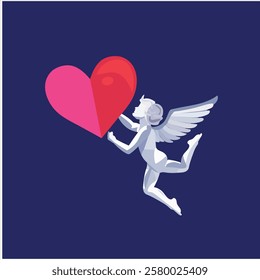 Cupid with heart and tulip flower. Valentine's day vector illustration. Vector illustration of a cupid with wings on a heart background.love card design Angel concept with icon design