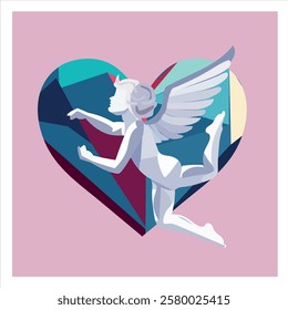 Cupid with heart and tulip flower. Valentine's day vector illustration. Vector illustration of a cupid with wings on a heart background.love card design Angel concept with icon design