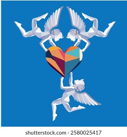 Cupid with heart and tulip flower. Valentine's day vector illustration. Vector illustration of a cupid with wings on a heart background.love card design Angel concept with icon design