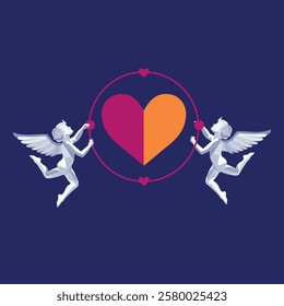 Cupid with heart and tulip flower. Valentine's day vector illustration. Vector illustration of a cupid with wings on a heart background.love card design Angel concept with icon design