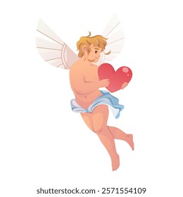 Cupid with heart. Vector Valentines day sign with cherub holding love symbol. Eros with wings or cartoon amor for greeting card. Romantic holiday or relationship festive. Wedding romance event. Angel