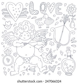 Cupid, hearts and arrows, diamons ring and other cute romantic vector elements. Handdrawn doodle Valentine's day characters and illustrations. 