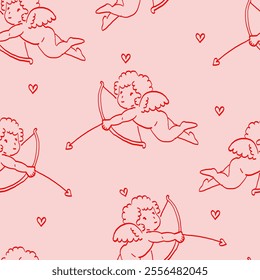 Cupid with Hearts and Arrows Seamless Pattern. Hand Drawn Illustration of Angels on Light Red Background. Valentine’s Day Wallpaper.