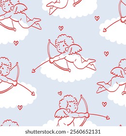 Cupid with Hearts and Arrows Seamless Pattern. Hand Drawn Illustration of Angels and  Clouds on Soft Blue Background. Valentine’s Day Wallpaper. 