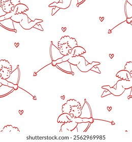Cupid with Hearts and Arrows Seamless Pattern. Hand Drawn Illustration of Angels on White Background. Valentine’s Day Wallpaper. 